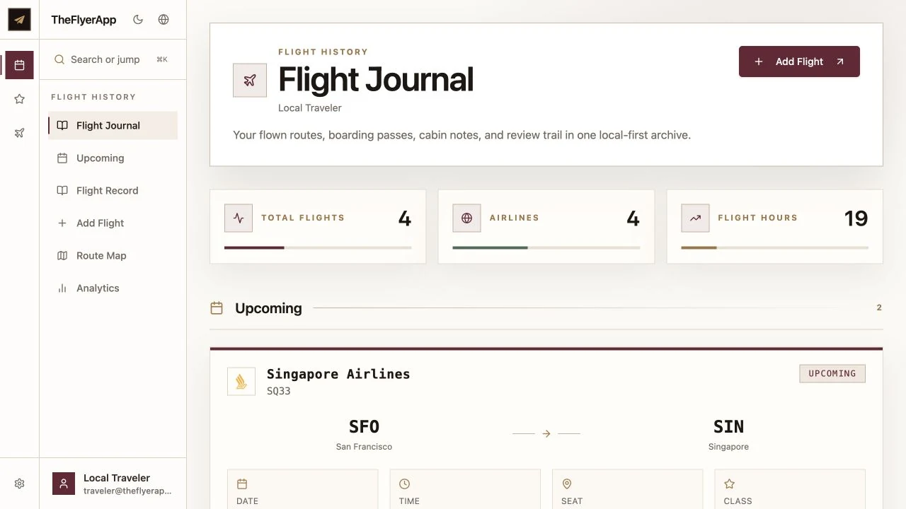 TheFlyerApp flight journal in the public traveler demo