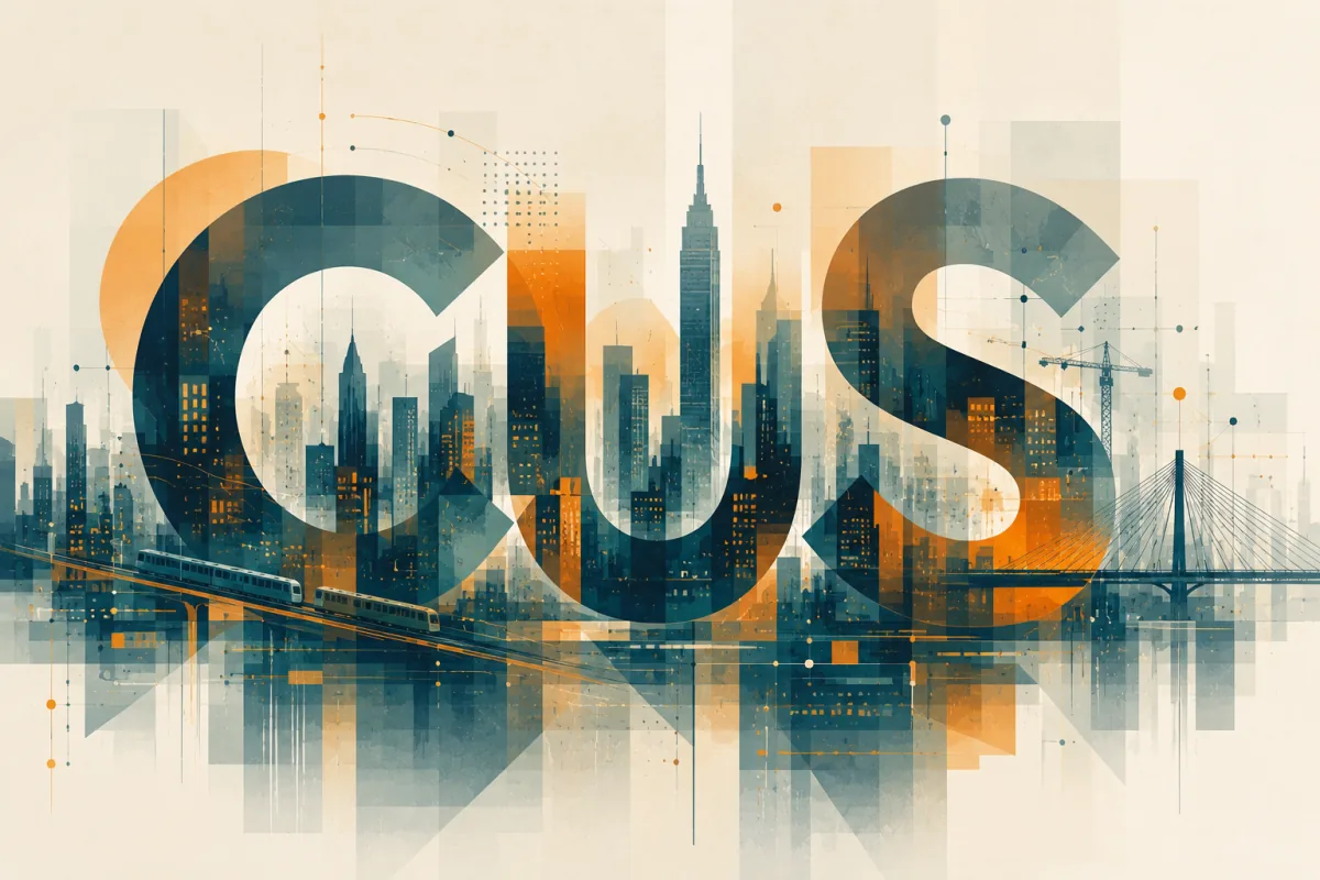 Abstract city system with transit, buildings, and connected data layers
