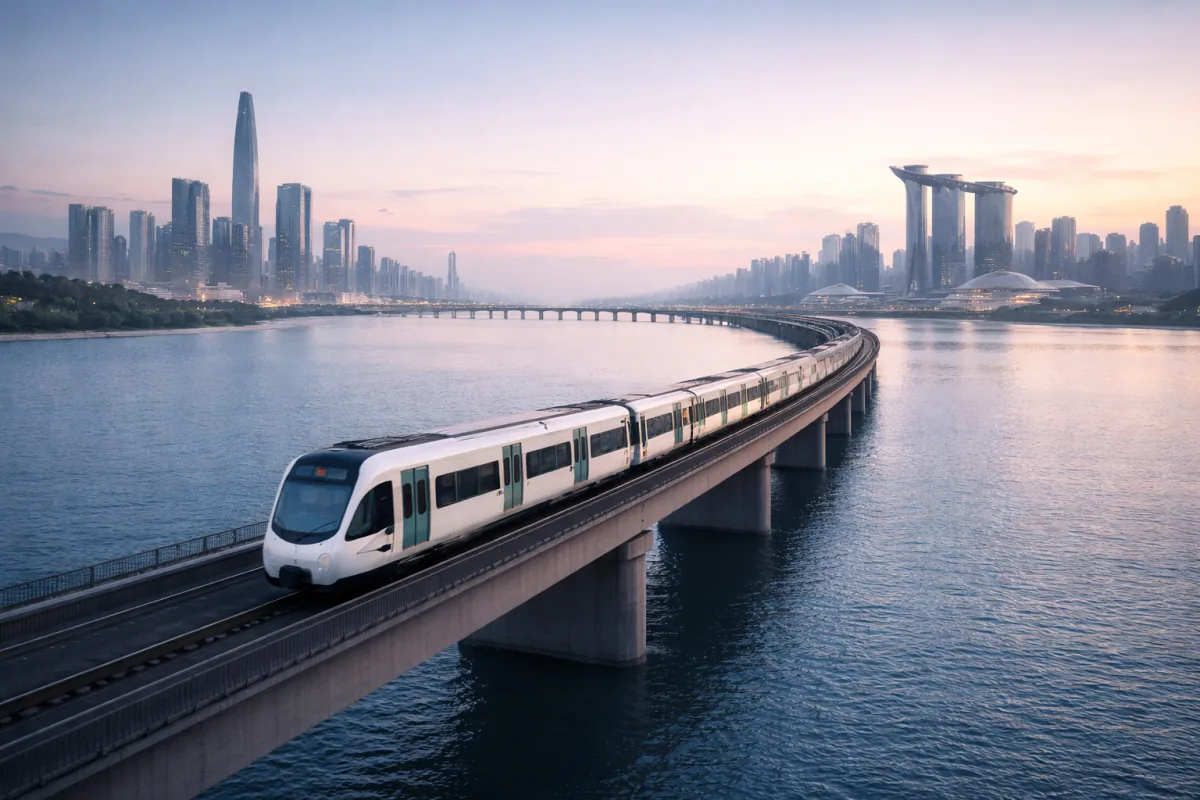 Urban rail line crossing water between two city skylines