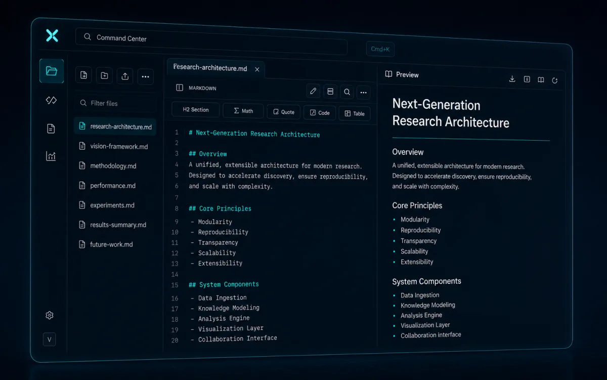 VEXTA research workspace with structured writing and live document preview