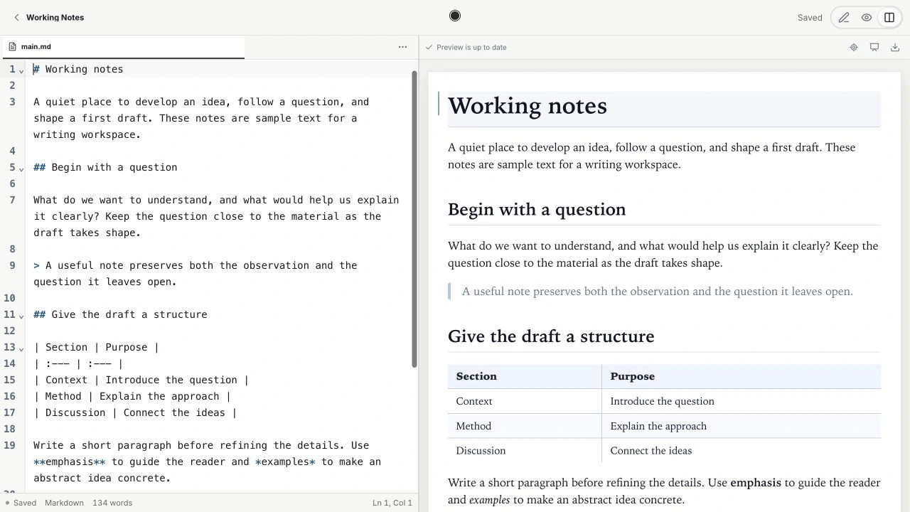 VEXTA writing workspace with sample Markdown source and preview