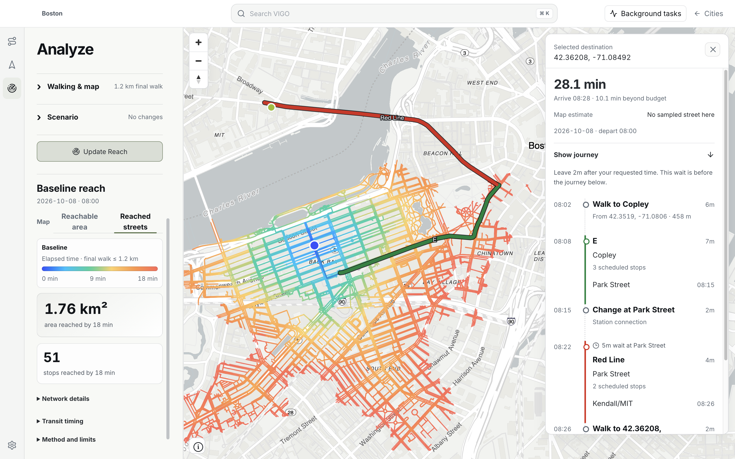 VIGO 0.5.0 Analyze showing reached streets and a transit journey in Boston