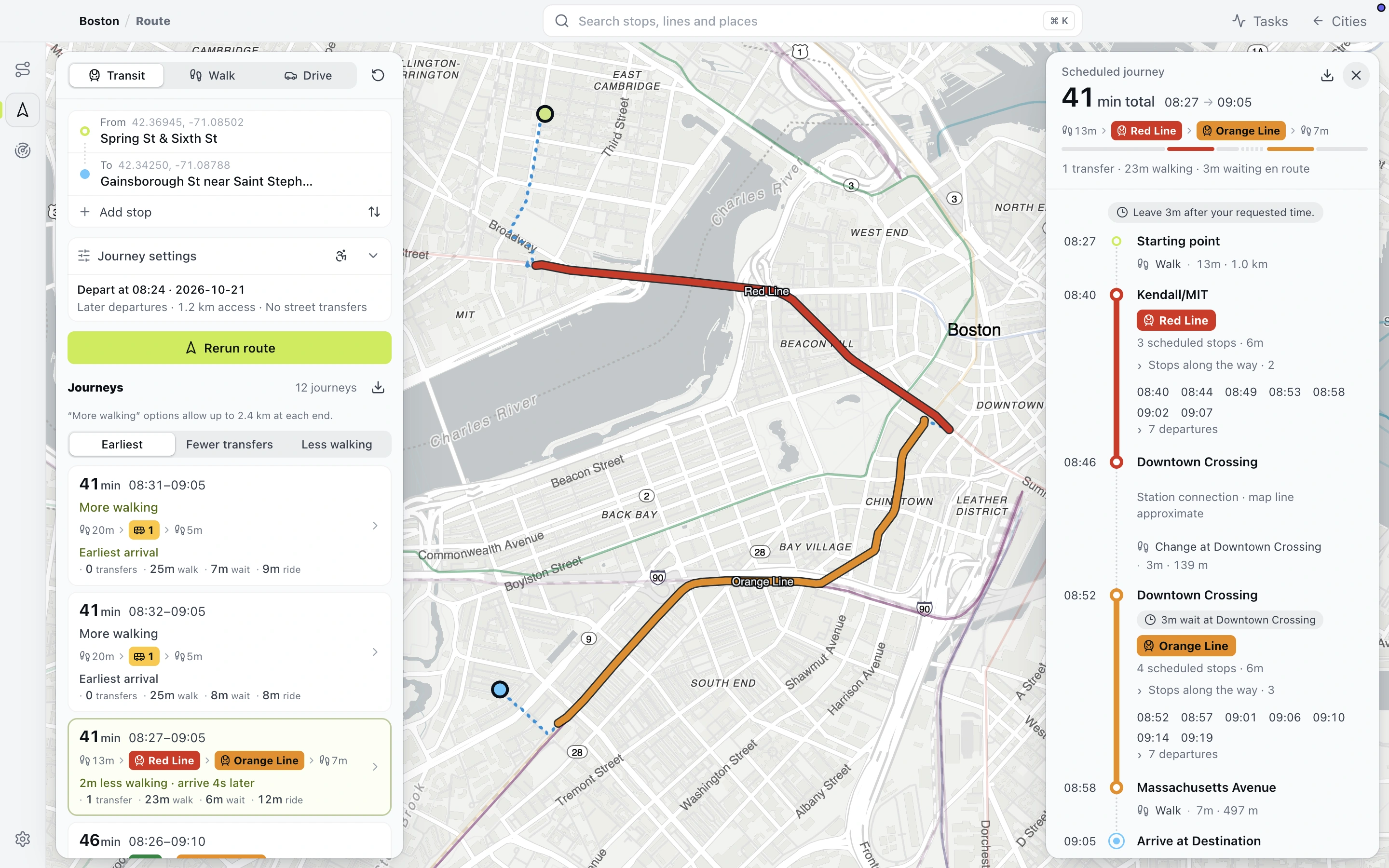 VIGO Route showing Boston journey alternatives and a Red Line–Orange Line itinerary