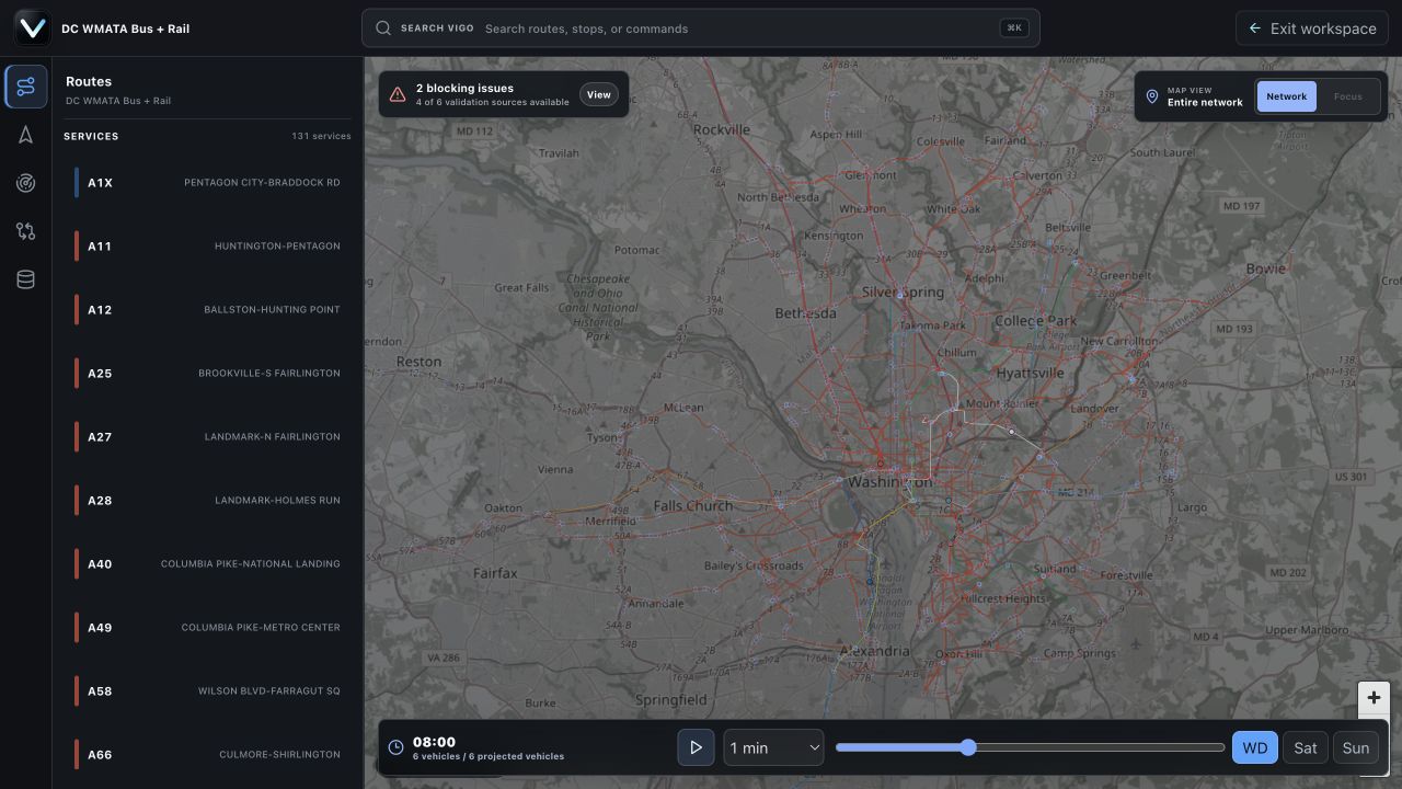 VIGO showing Washington transit routes in its local GTFS workbench